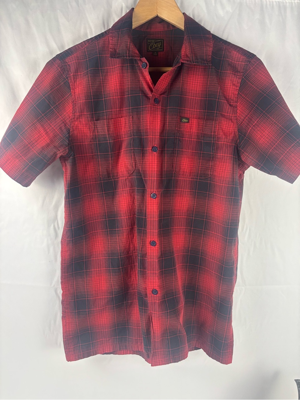 Vintage Obey Men’s Red and Black Short Sleeve Plaid Button-Up Shirt
